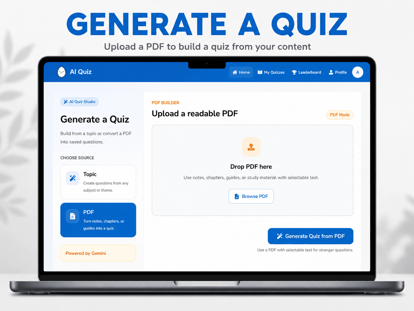 AI Quiz Generator PDF builder screen