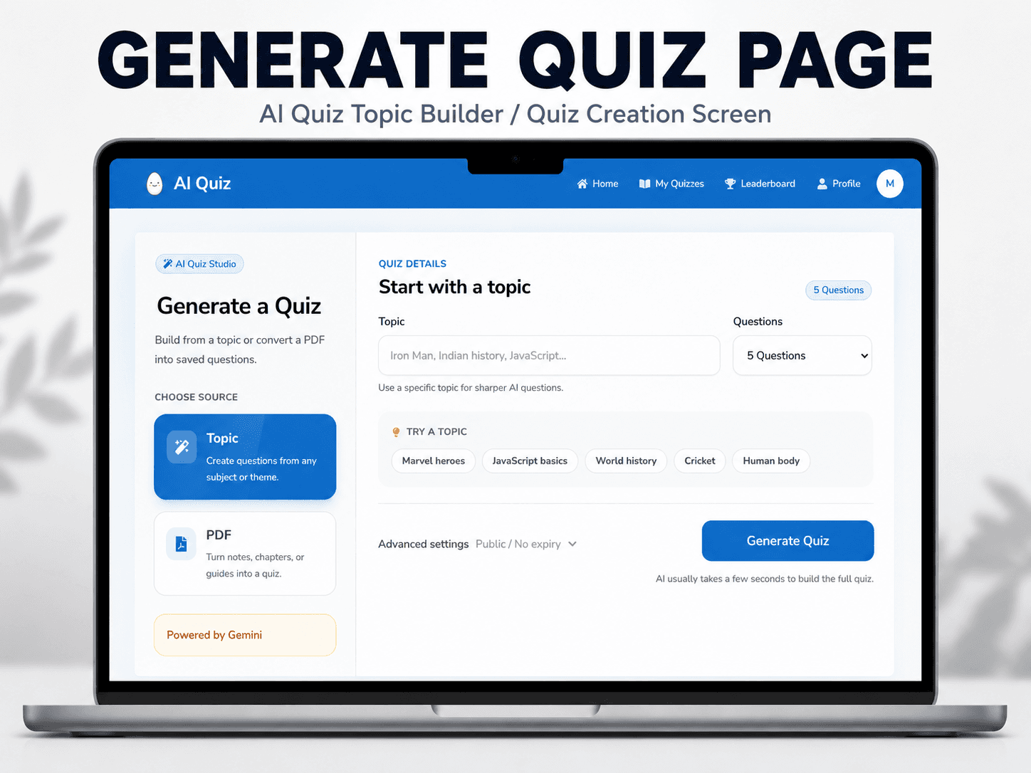 AI Quiz Generator Topic builder screen