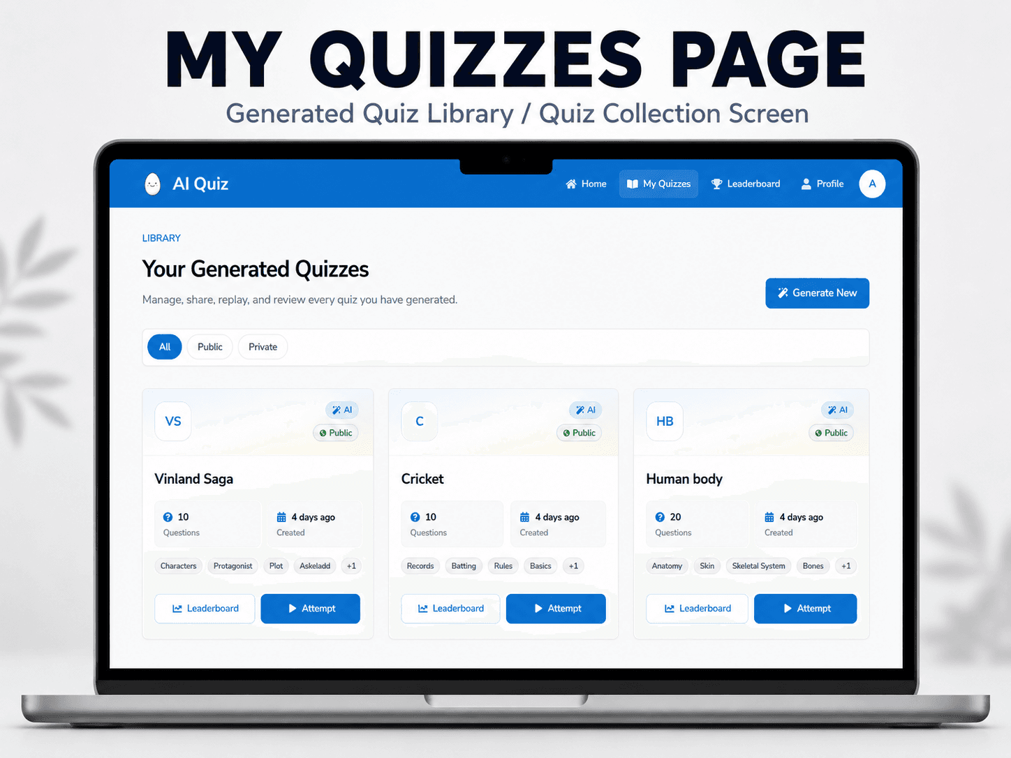 AI Quiz Generator My quizzes screen