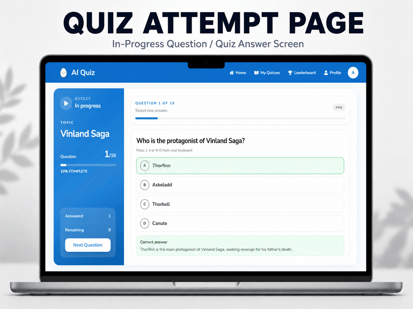 AI Quiz Generator Quiz attempt screen