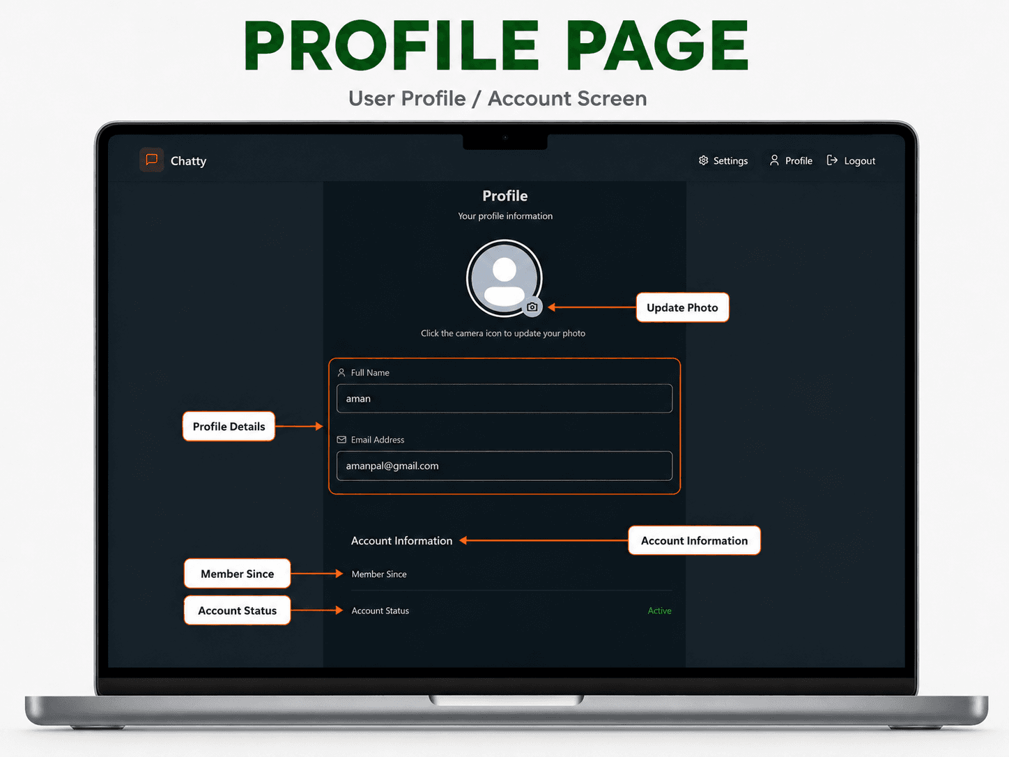 Real-time Chat Application Profile page screen