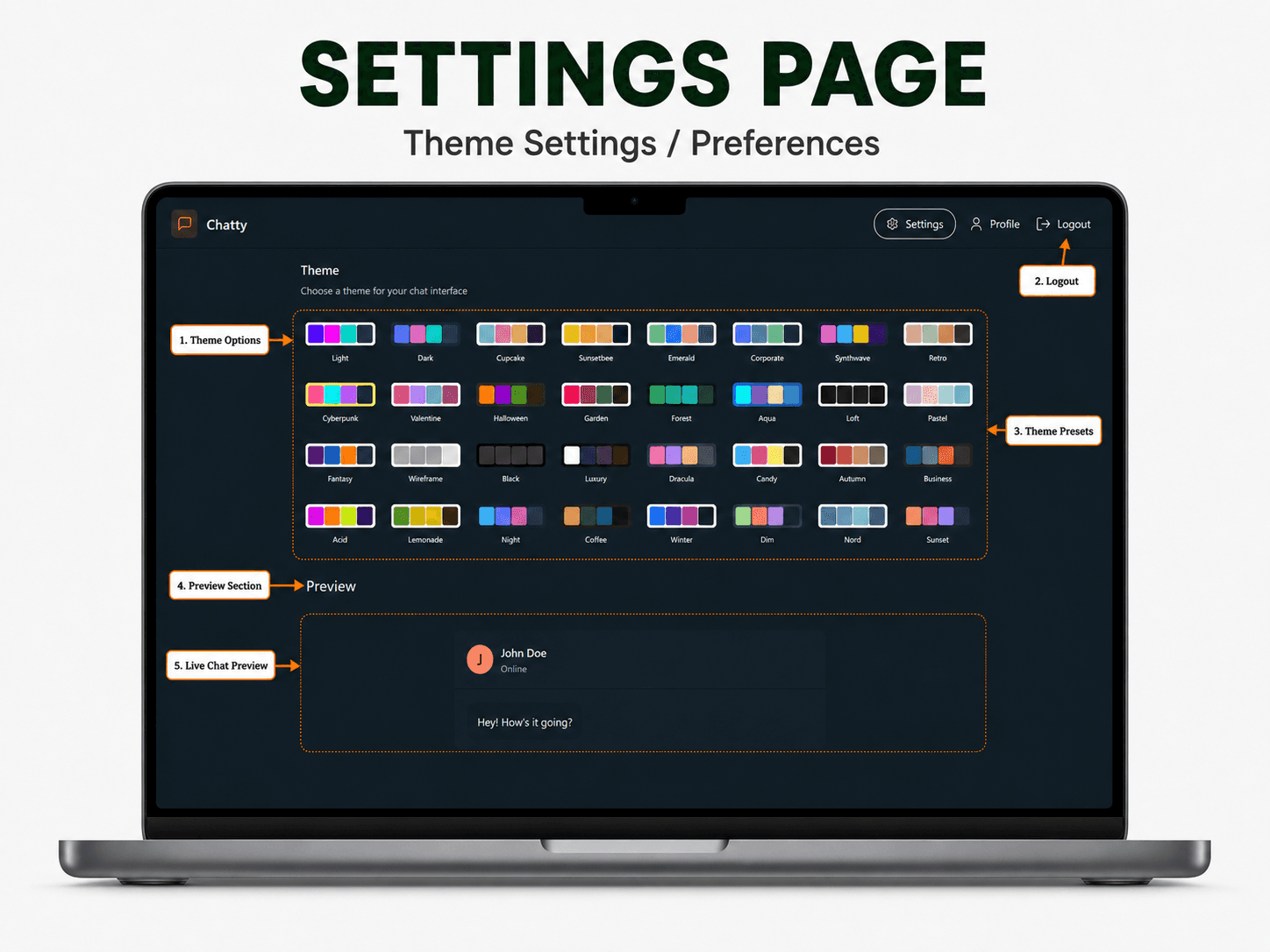 Real-time Chat Application Settings page screen